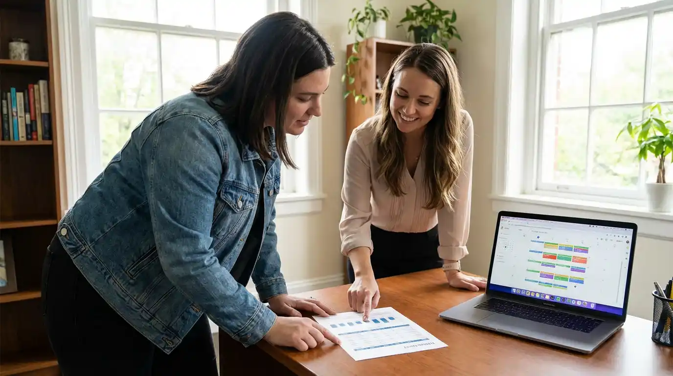 bartending school cost — student reviewing tuition and class schedule with admissions advisor